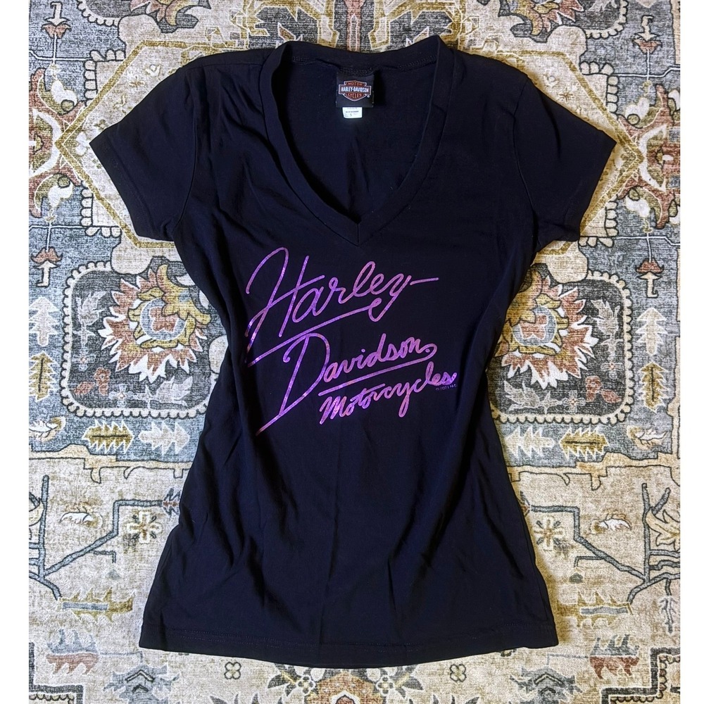 Harley Davidson Womens V-Neck T-Shirt Y2K Black Purple Foil St Augustine FL Sz S